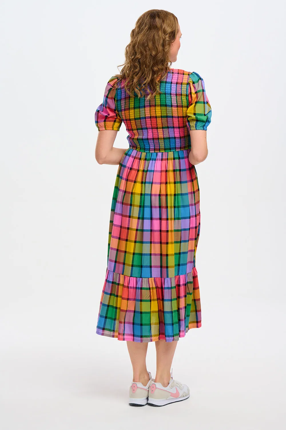 Sugarhill Yolanda Midi Shirred Dress Summer Rainbow Check Multi