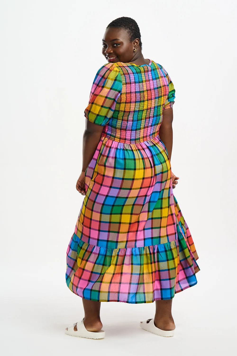 Sugarhill Yolanda Midi Shirred Dress Summer Rainbow Check Multi