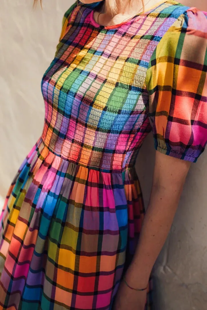 Sugarhill Yolanda Midi Shirred Dress Summer Rainbow Check Multi