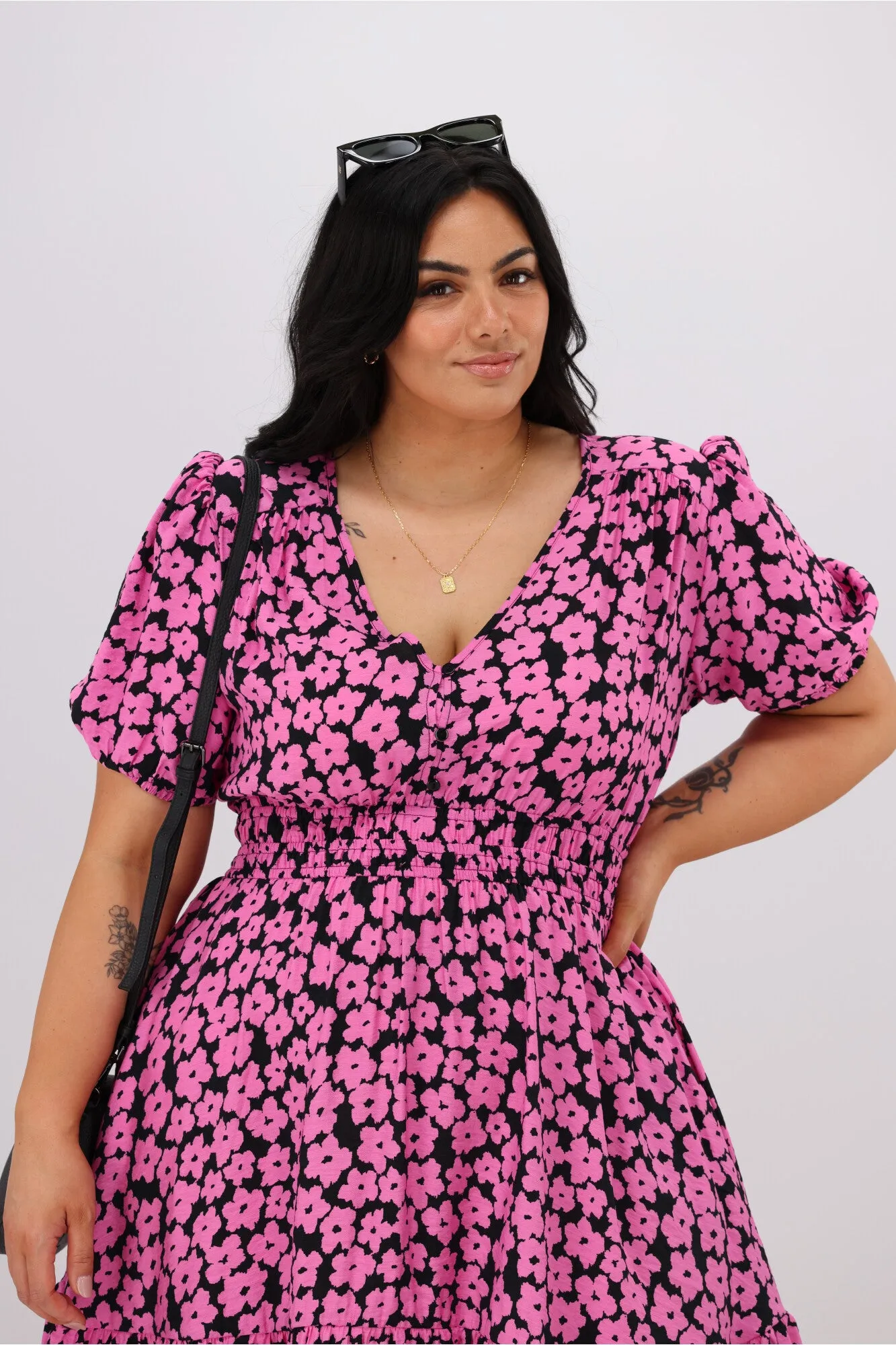 Sunday Boho Cleo Dress Black Pink Floral