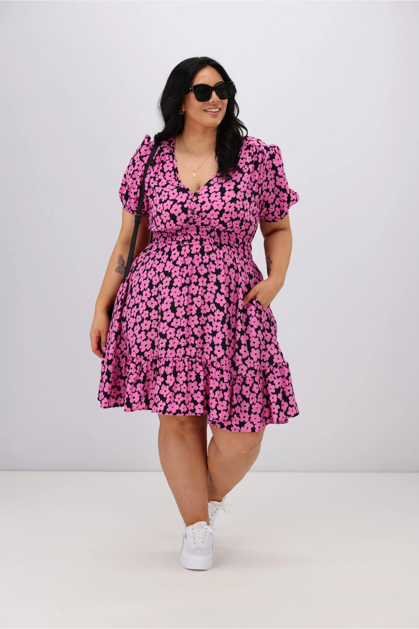Sunday Boho Cleo Dress Black Pink Floral