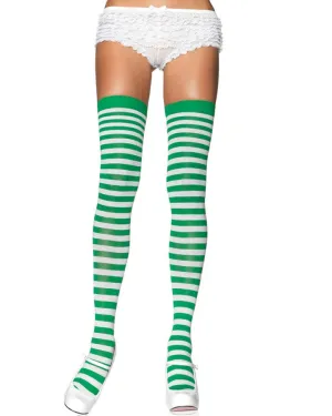 White and Green Striped Thigh High Stockings