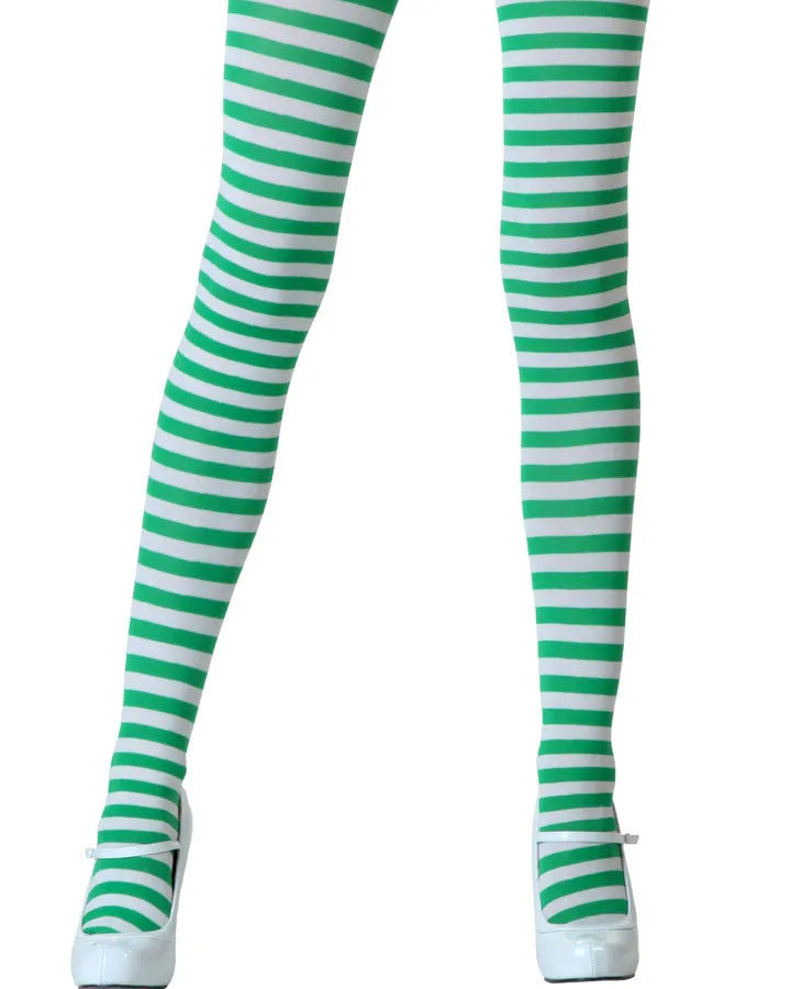 White and Kelly Green Striped Tights