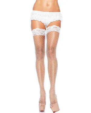 White Fishnet Thigh High Stockings with Lace Top