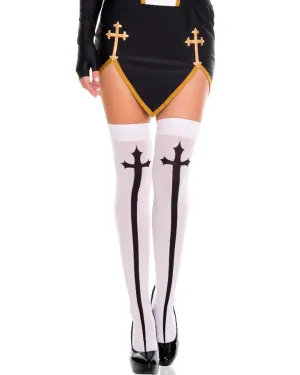 White Opaque Gothic Cross Thigh High Stockings