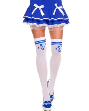 White Thigh High Stockings with Blue Anchor Print
